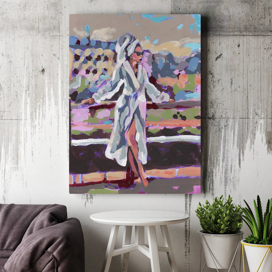 Woman In Bathrobe Canvas Art | Modern Colorful Fashion Wall Decor | Premium Gallery-Wrapped Print | Chic Bedroom & Dressing Room Gift Idea