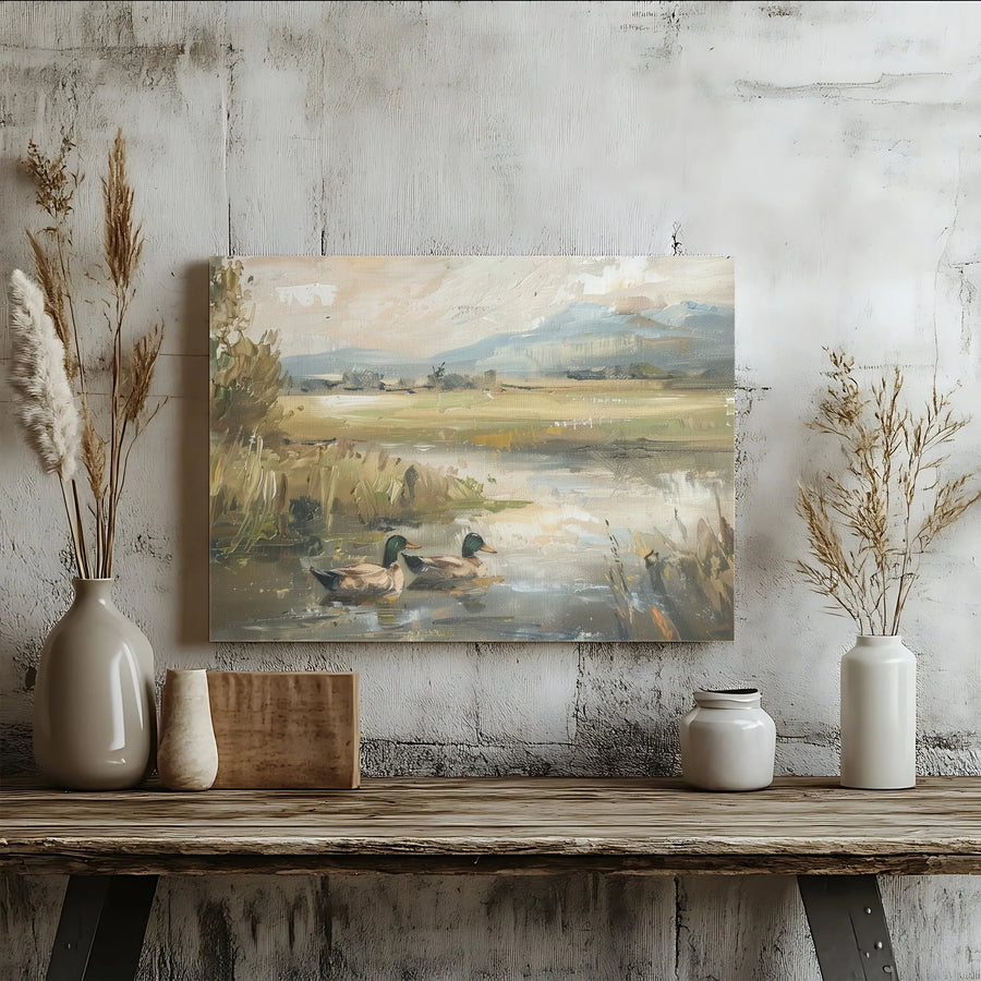 Mallard Duck Canvas Wall Art | Vintage Impressionist Pond Landscape | Premium Gallery Wrap Print | Rustic Nature Decor for Living Room Gift