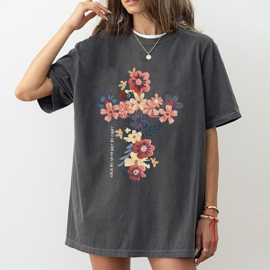 Floral Cross T-Shirt | Walk By Faith Not By Sight Quote | 100% Premium Cotton Religious Tee | Christian Gift for Women and Faith-Based Apparel