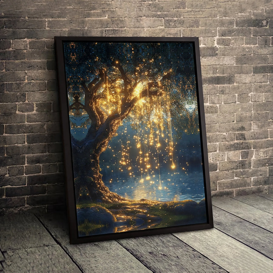 Magical Tree Canvas Print | Cascading Golden Fairy Lights Wall Art | Premium Fade-Resistant Gallery Decor | Enchanting Nature Home Decor Gift
