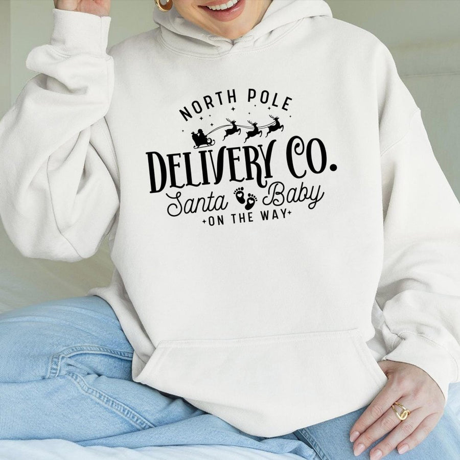 Christmas Pregnancy Announcement Hoodie | North Pole Delivery Co Design | Soft Cotton-Polyester Blend | Festive Expecting Mom Holiday Gift