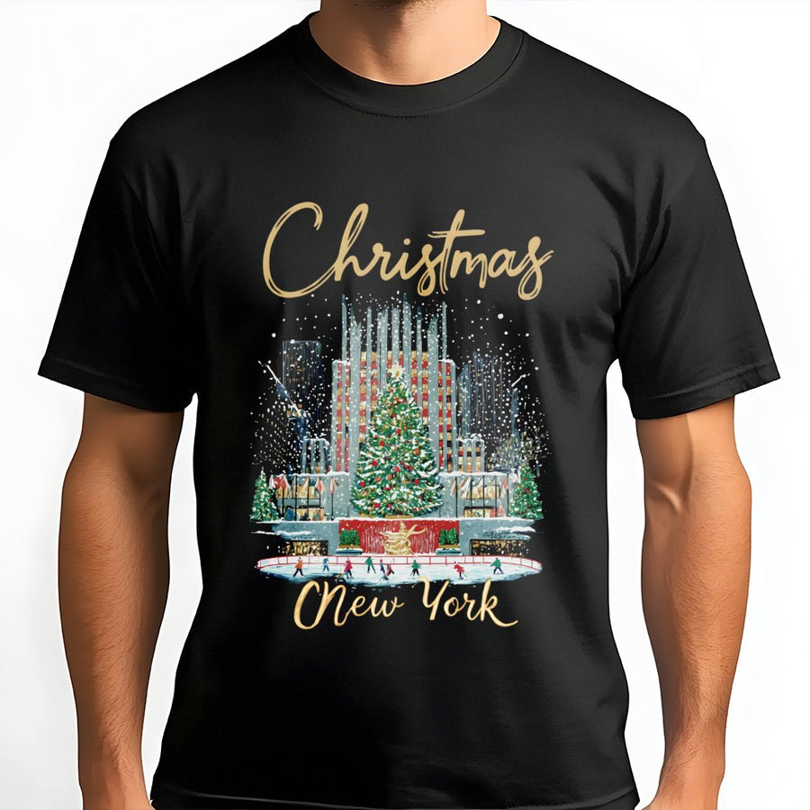 New York Christmas T-Shirt | Rockefeller Center Holiday Tree Graphic | Soft 100% Cotton Tee | NYC Gift for Women & Vacation Souvenir