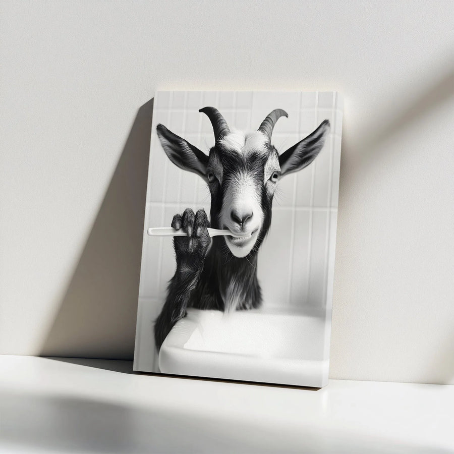 Funny Goat Brushing Teeth Vertical Canvas | Black and White Humorous Animal Art | Premium Gallery Wrapped Print | Unique Bathroom Wall Decor Gift