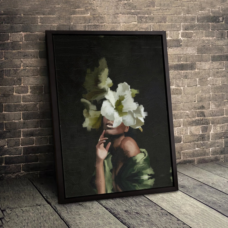 Black Woman Flower Portrait Canvas | Moody Floral Aesthetic Art | Premium Gallery Wrapped Print | Modern Minimalist Home Decor Gift