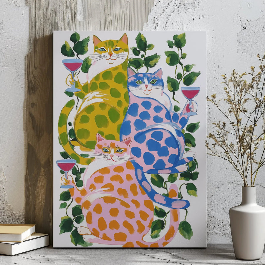 Whimsical Cat Wall Art | Colorful Polka Dot Cats Drinking Wine | Premium Gallery Wrapped Canvas | Fun Kitchen or Home Decor Gift