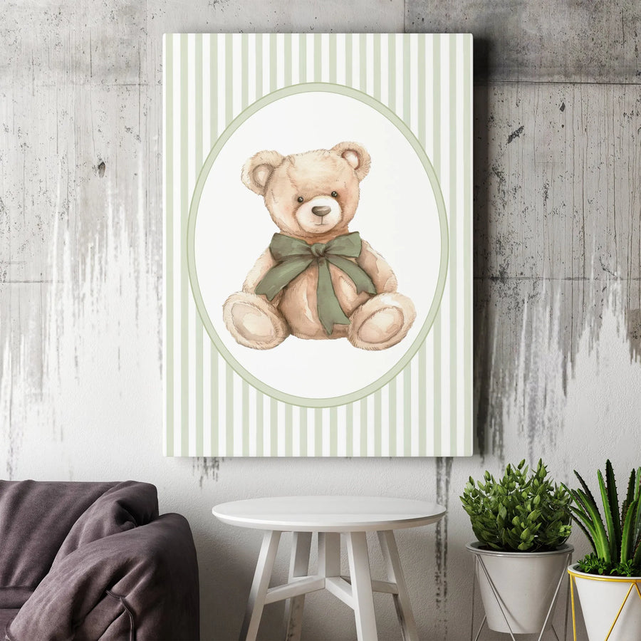 Watercolor Teddy Bear Wall Art | Cute Sage Green Bow Nursery Decor | Premium Gallery Wrap Canvas | Gift for Baby Shower or Kid Room