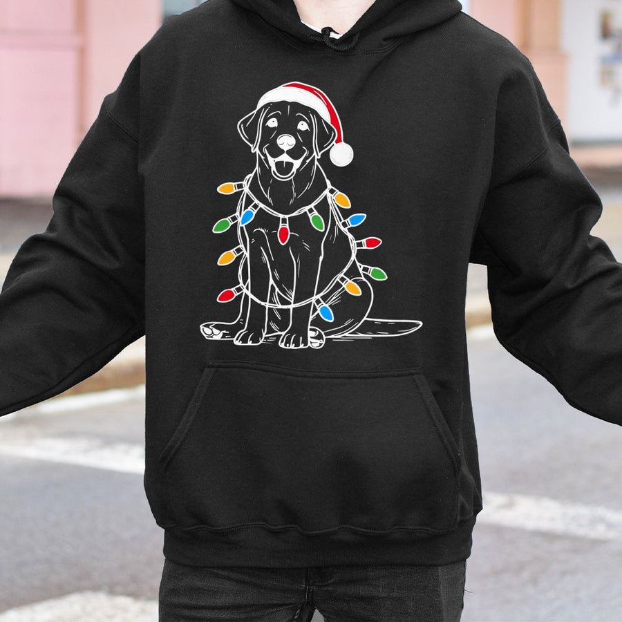 Labrador Christmas Hoodie | Santa Hat Lab Dog with Festive Lights Graphic | Soft Cotton-Blend Pullover | Cute Dog Lover Holiday Gift for Him or Her