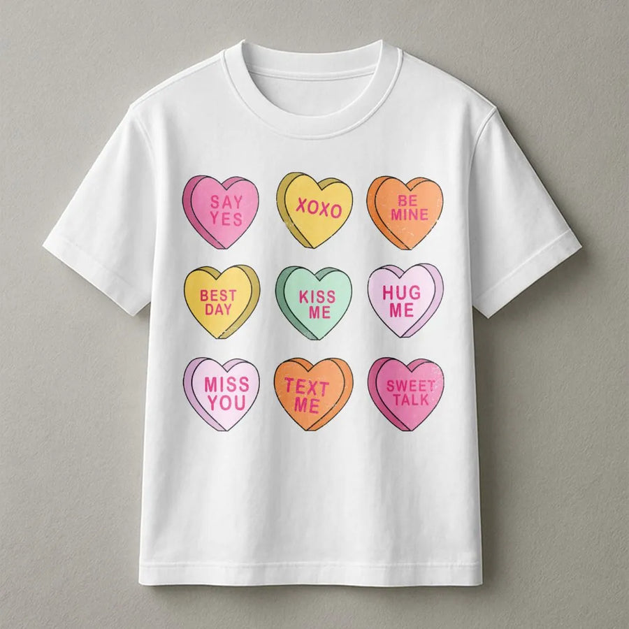 Conversation Hearts T-Shirt | Retro Pastel Candy Valentines Graphic | Premium Soft Cotton | Romantic Gift For Her Or Him