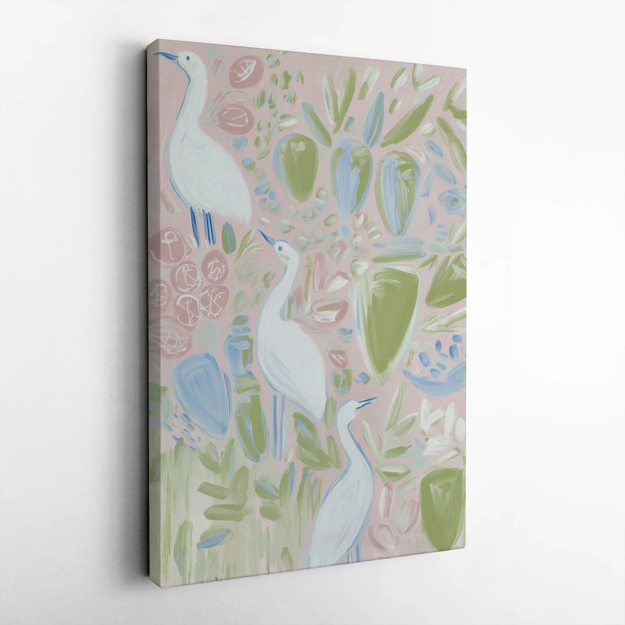 Abstract Heron Vertical Canvas | Pastel Botanical Bird Painting | Premium Gallery Wrapped Canvas Art | Contemporary Living Room Decor