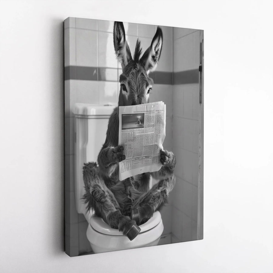 Funny Donkey on Toilet Vertical Canvas | Black & White Bathroom Humor Art | Premium Frameless Wall Decor | Unique Gag Gift for Men
