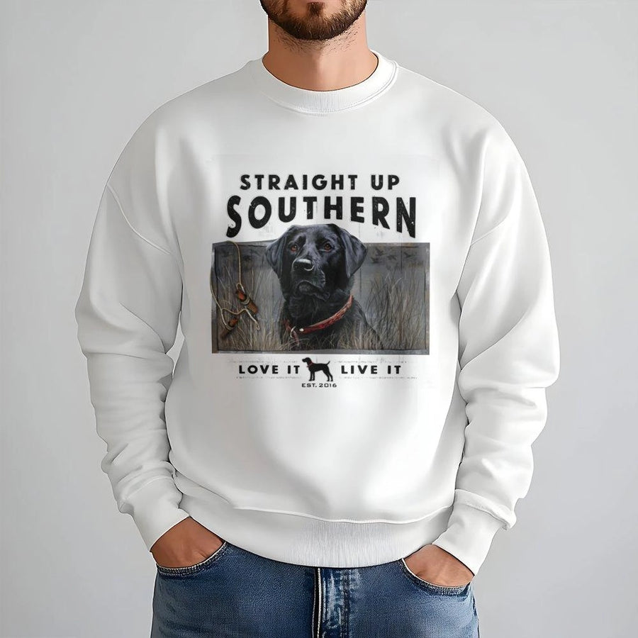 Black Labrador Sweatshirt | Straight Up Southern Duck Hunting Graphic | Premium Cotton Blend | Gift For Hunters And Dog Lovers