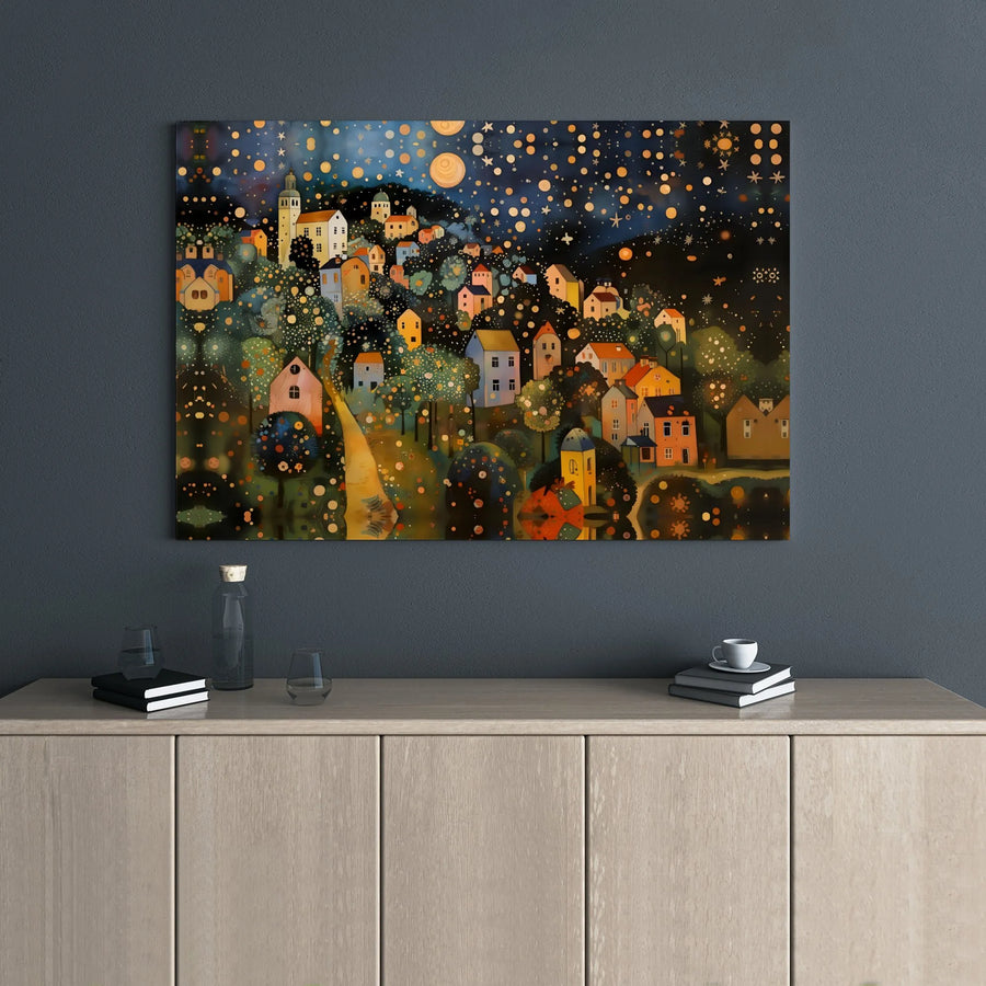 Whimsical Village Canvas Print | Starry Night Landscape Wall Art | Premium Gallery Wrap Decor | Gift for Art Lovers