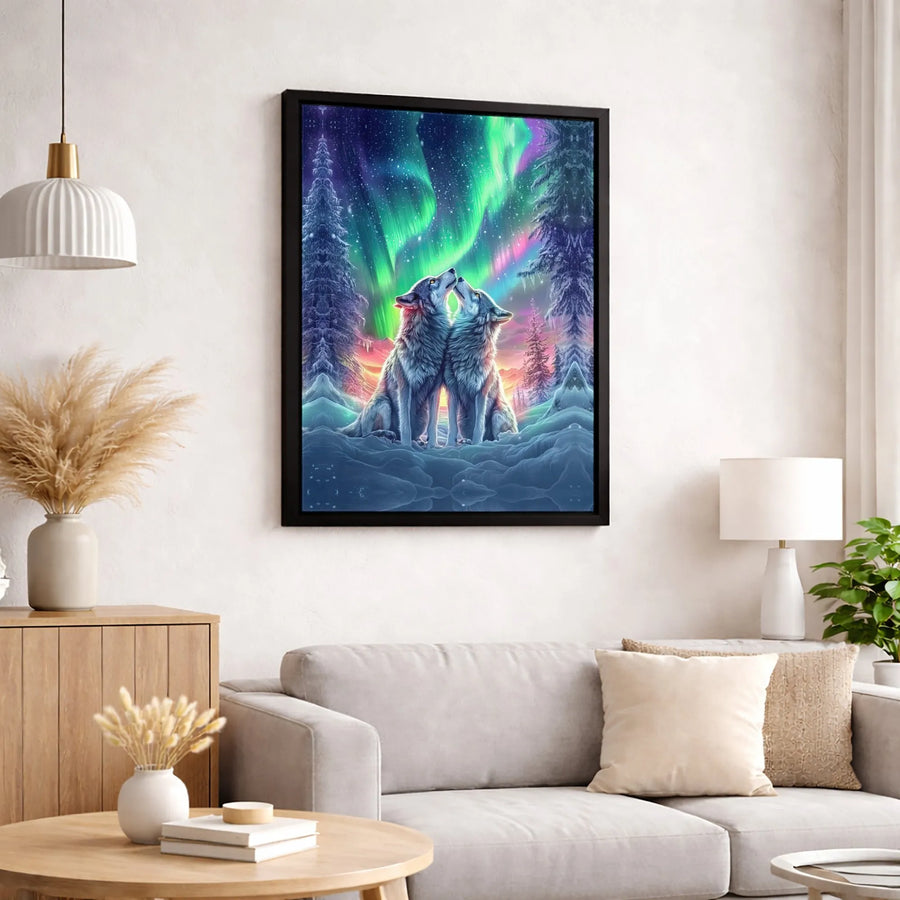 Two Wolves Canvas Print | Northern Lights Aurora Borealis Wall Art | Gallery-Quality 1.25-Inch Profile | Nature Wildlife Decor for Home Office