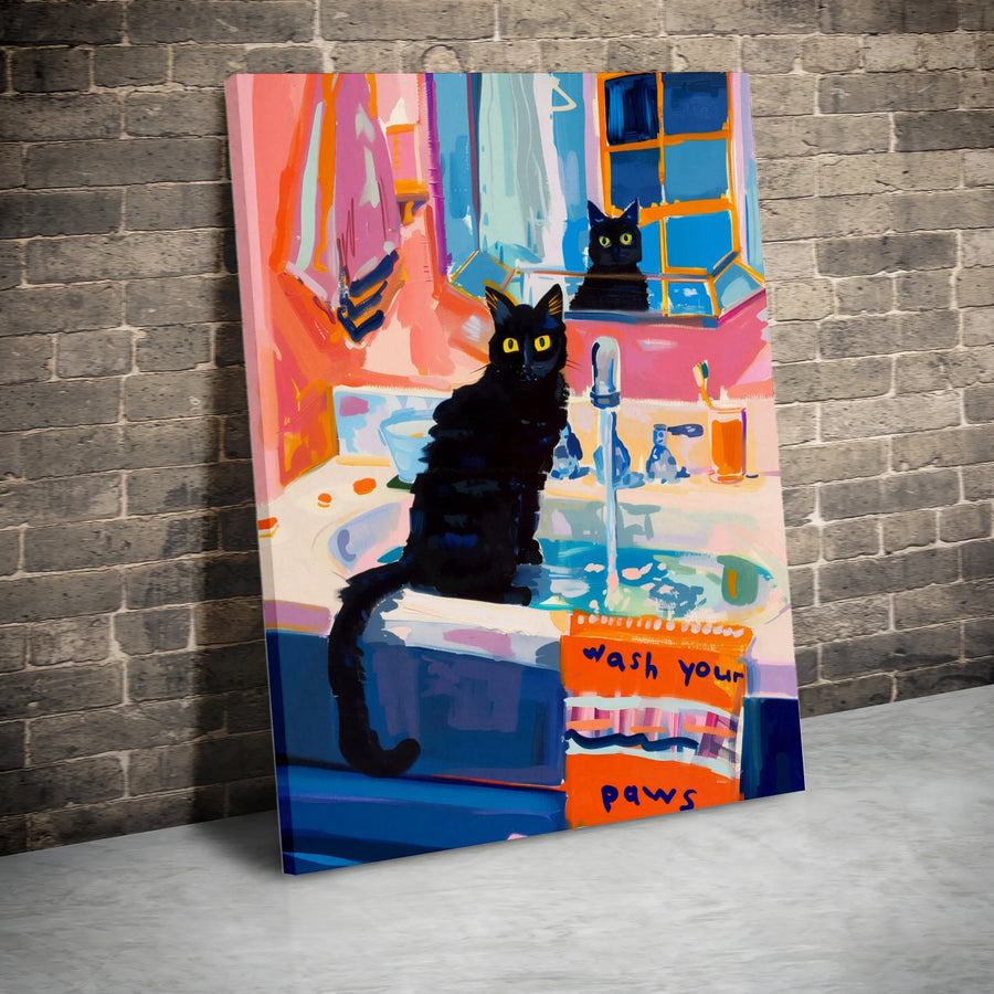 Black Cat Canvas Wall Art | Vibrant Painting with Funny 'Wash Your Paws' Sign | Premium Gallery Wrap Canvas | Modern Home Decor Gift for Cat Lover