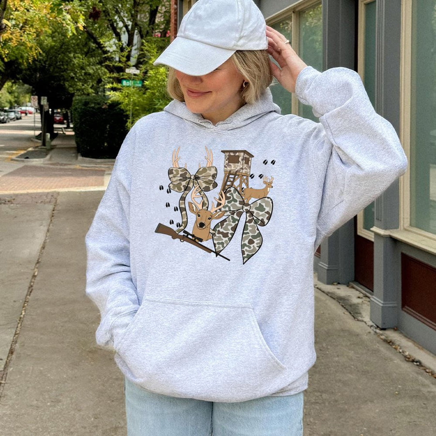 Hunting Season Hoodie | Deer Bow and Camo Ribbon Graphic | Premium Cotton-Poly Blend | Gift for Outdoor Enthusiasts