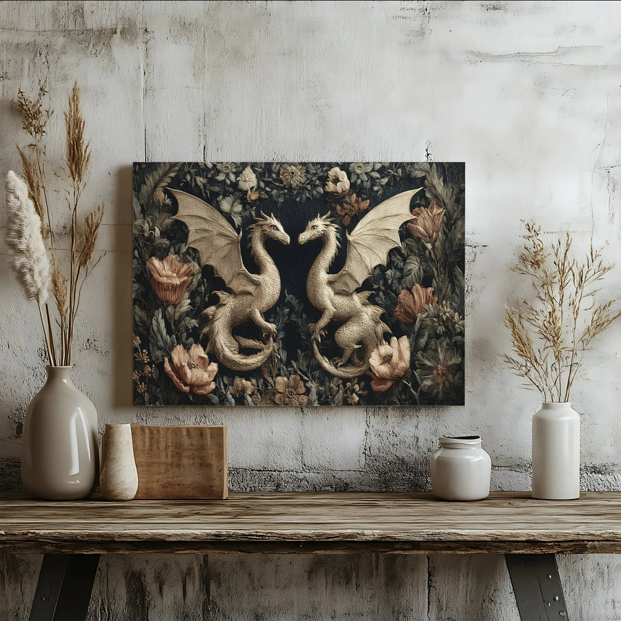 Fantasy Dragon Wall Art | Symmetrical Floral Canvas Print | Premium Gallery Wrapped Decor | Mythical Creature Home Gift