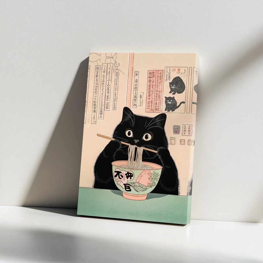 Black Cat Ramen Wall Art | Japanese Ukiyo-E Inspired Print | Premium 1.25" Gallery Wrap Canvas | Unique Gift for Cat Lovers & Ramen Fans