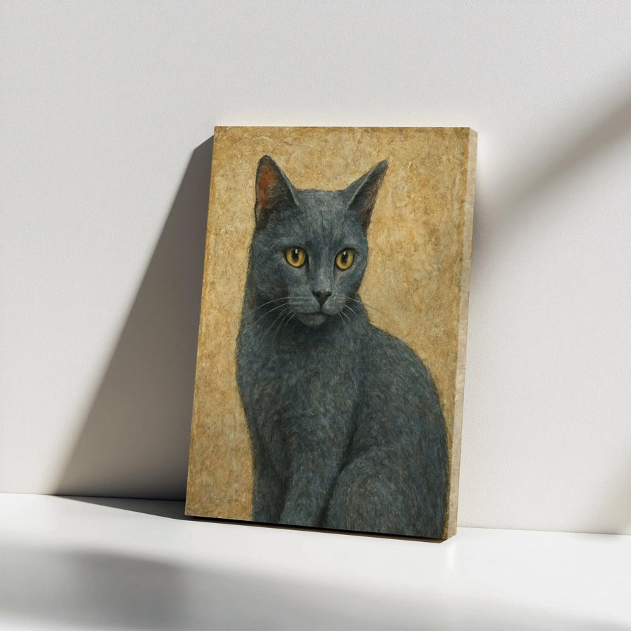 Gray Cat Canvas Wall Art | Moody Gold Portrait Painting | Premium Gallery Wrap | Gift for Cat Lovers & Modern Home Decor