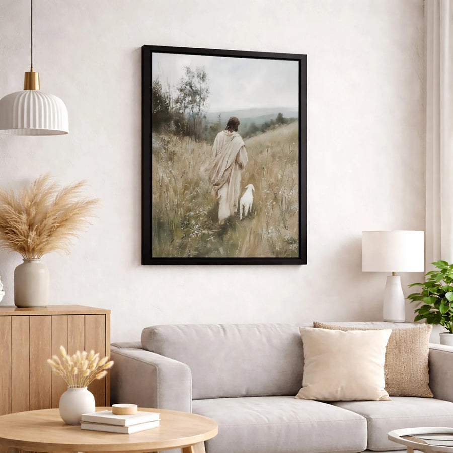 Good Shepherd Wall Art | Jesus Walking With Lamb Pastoral Painting | Premium Fade-Resistant Canvas | Religious Home Decor Gift