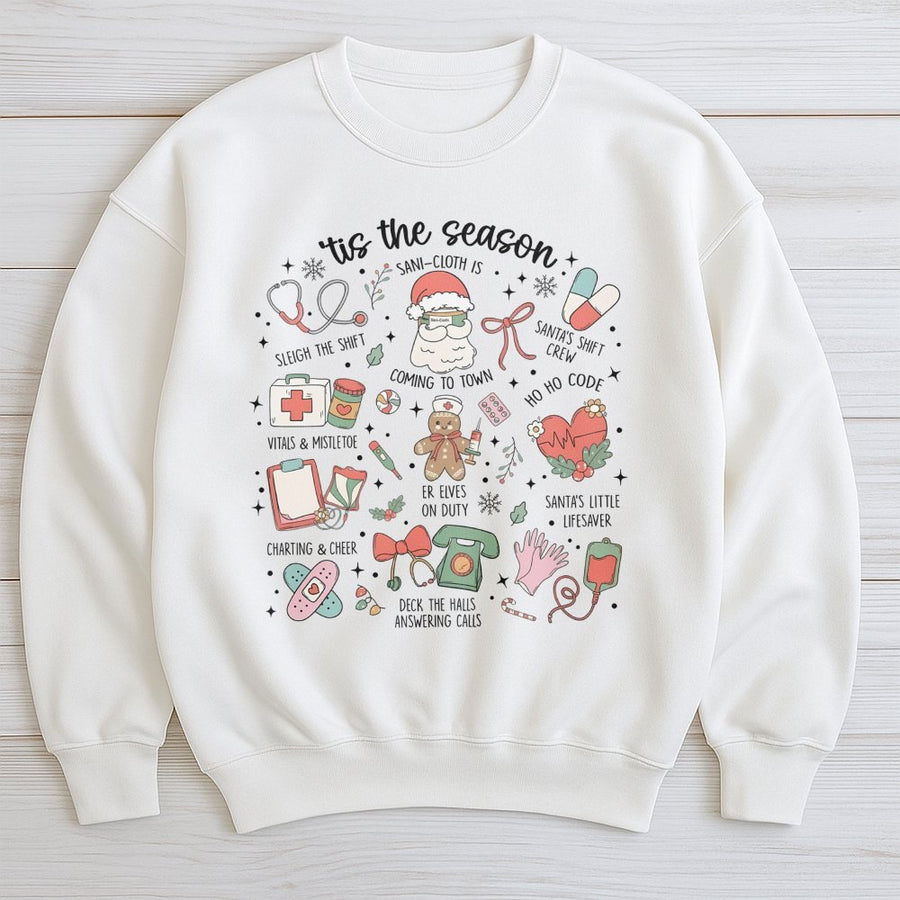 Nurse Christmas Sweatshirt | Funny Medical Holiday Icons Design | Soft Cotton-Poly Blend | Gift For RN Healthcare Workers