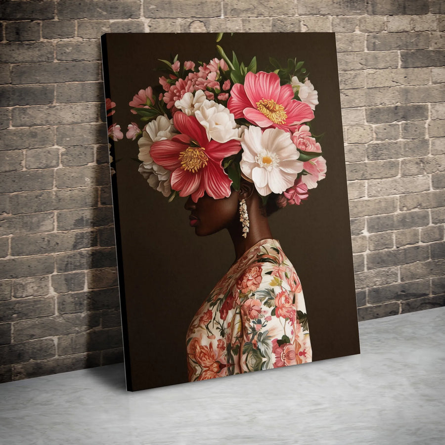 African American Woman Wall Art | Floral Peony Crown Portrait | Premium Gallery Wrapped Canvas | Elegant Black Female Home Decor Gift