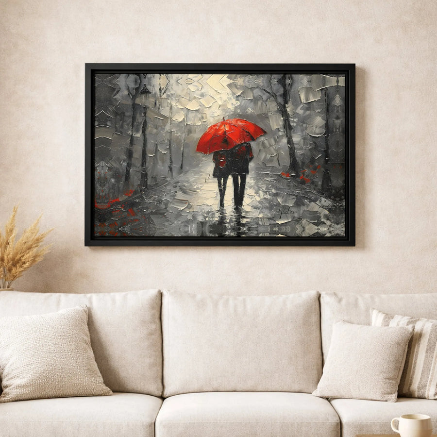 Couple Under Red Umbrella Canvas Art | Romantic Rainy City Street Impasto Print | Premium Gallery-Wrapped Wall Decor | Anniversary Gift for Couples
