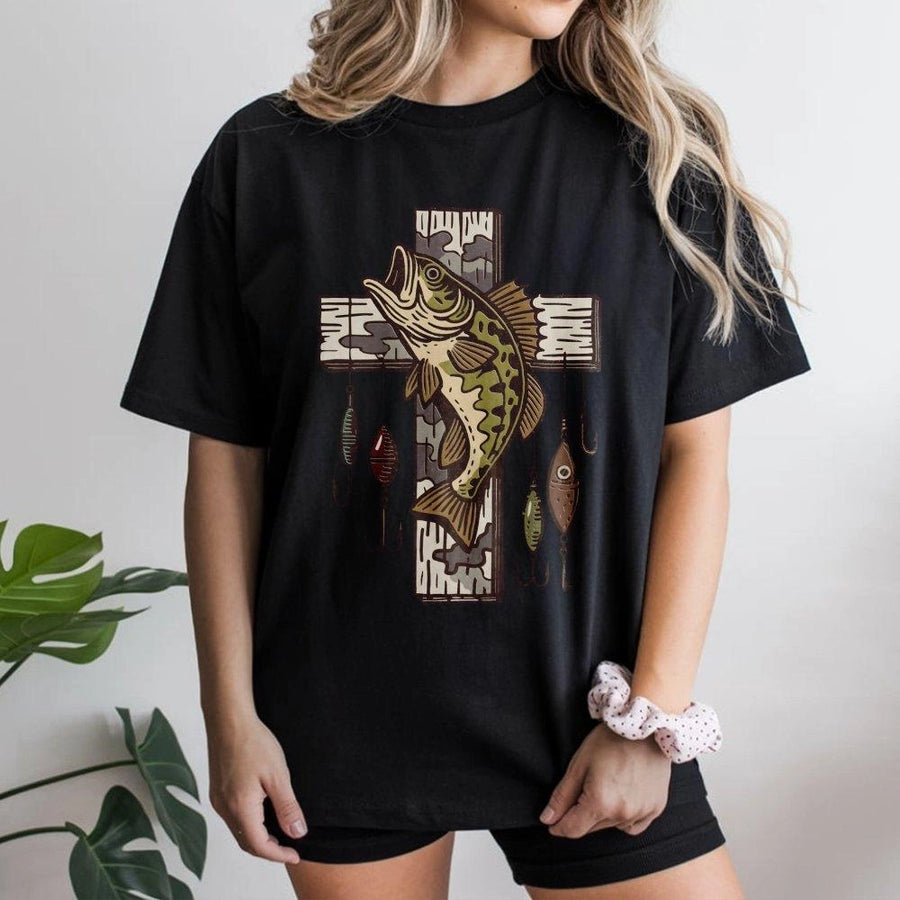 Fishing Cross T-Shirt | Bass Fish Lure Design | 100% Cotton Premium Tee | Christian Outdoors Gift for Fisherman & Men