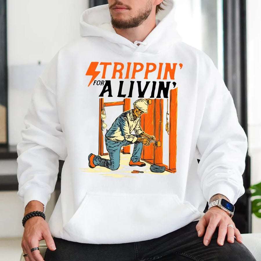 Electrician Hoodie | Strippin' For A Livin' Funny Skeleton Design | Premium Cotton Blend | Gift For Electrical Tradesman or Apprentice