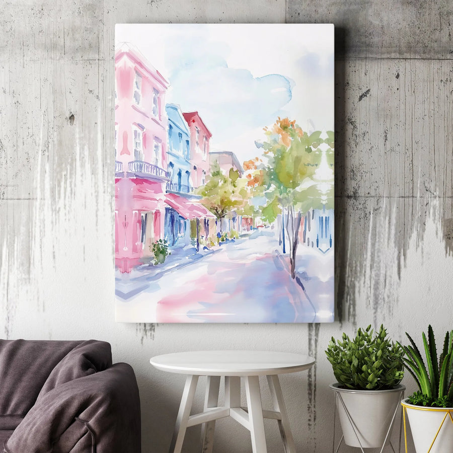 Colorful City Street Canvas Wall Art | Watercolor European Townscape Print | Premium 1.25-Inch Gallery Wrap | Home Office Living Room Decor Gift
