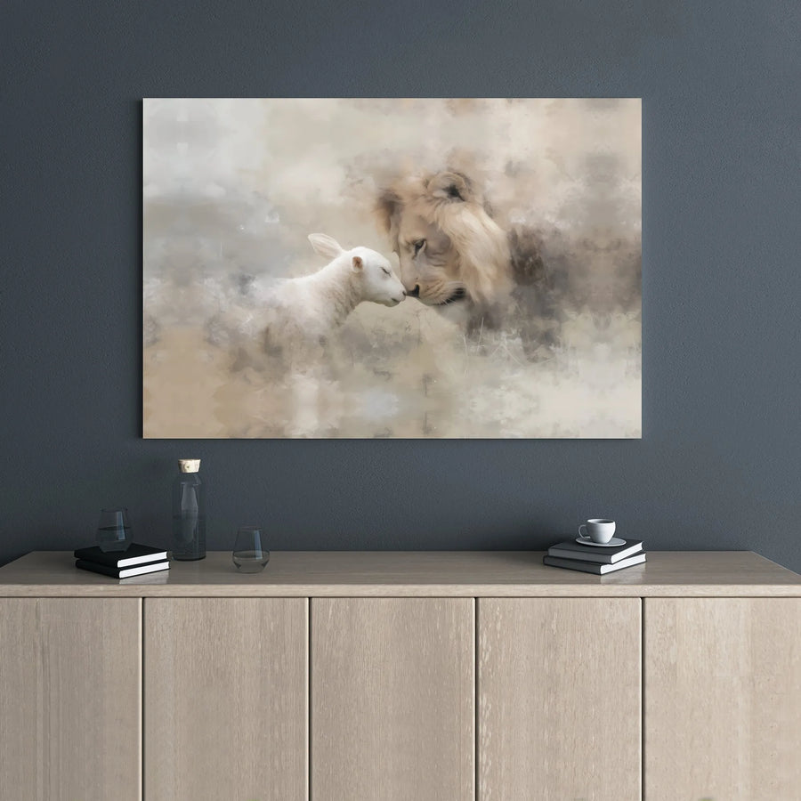 Lion and Lamb Wall Art | Watercolor Religious Canvas Print | Premium 1.25 Inch Gallery Wrap | Inspirational Christian Home Decor Gift