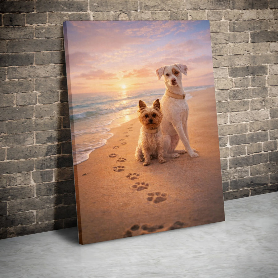 Dogs on Beach Canvas Wall Art | Sunset Scene with Paw Prints in the Sand | Premium Stretched Canvas | Gift for Dog Lovers & Pet Owners