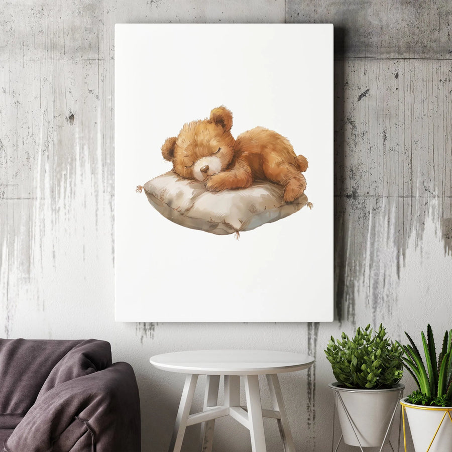 Sleeping Teddy Bear Canvas Wall Art | Cute Watercolor Animal Print | Premium Gallery Wrapped Canvas | Nursery Decor Gift for Baby Boy or Girl