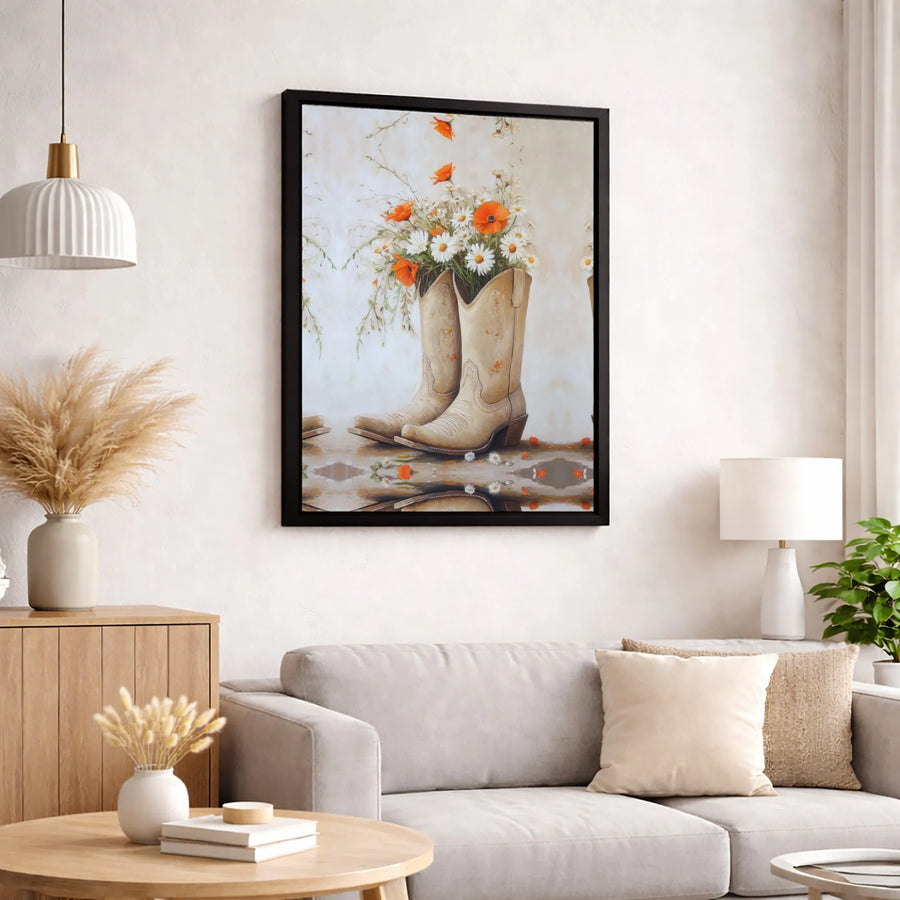 Western Cowboy Boots Canvas Art | Floral Daisy and Poppy Painting | 1.25 inch Gallery Wrap | Rustic Country Home Decor Gift