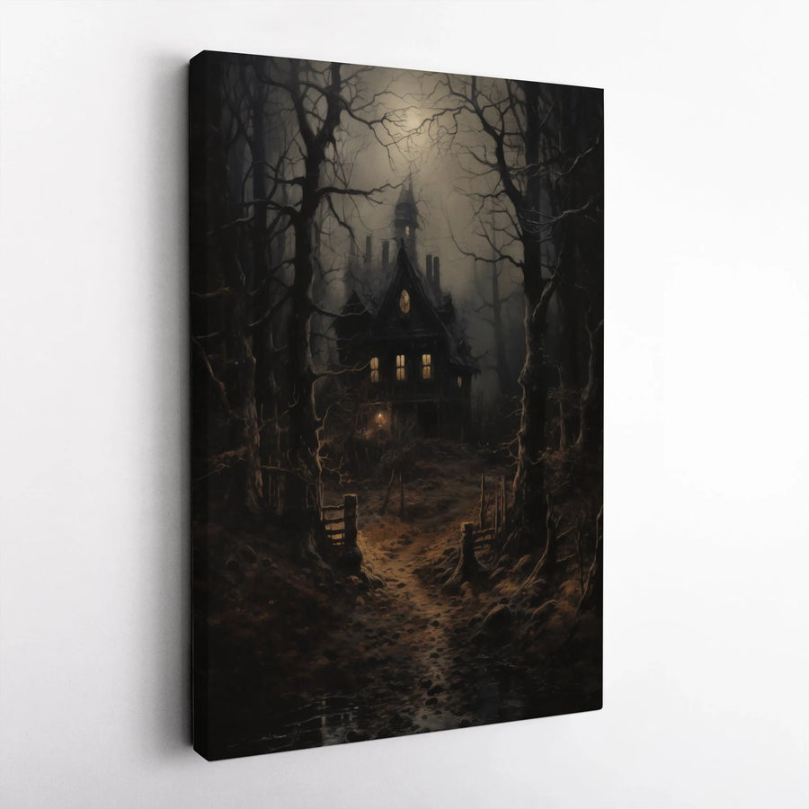 Haunted House Canvas Wall Art | Dark Forest Gothic Horror Print | Premium 1.25-Inch Gallery Wrap | Spooky Home Decor Gift for Horror Fans