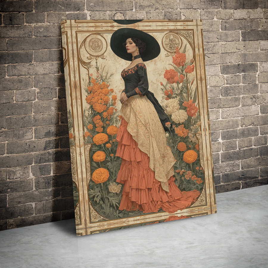 Art Nouveau Woman Portrait Canvas | Vintage Floral Marigold Design | Premium Gallery Wrap | Elegant Home Office Wall Art Decor