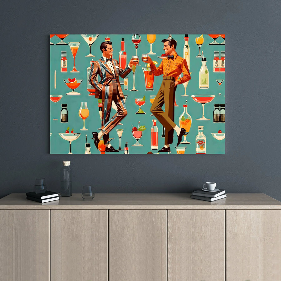Mid-Century Modern Cocktail Wall Art | Retro Men Toasting Drinks Print | Premium 1.25 Inch Gallery Wrap Canvas | Vintage Bar Decor for Home Office