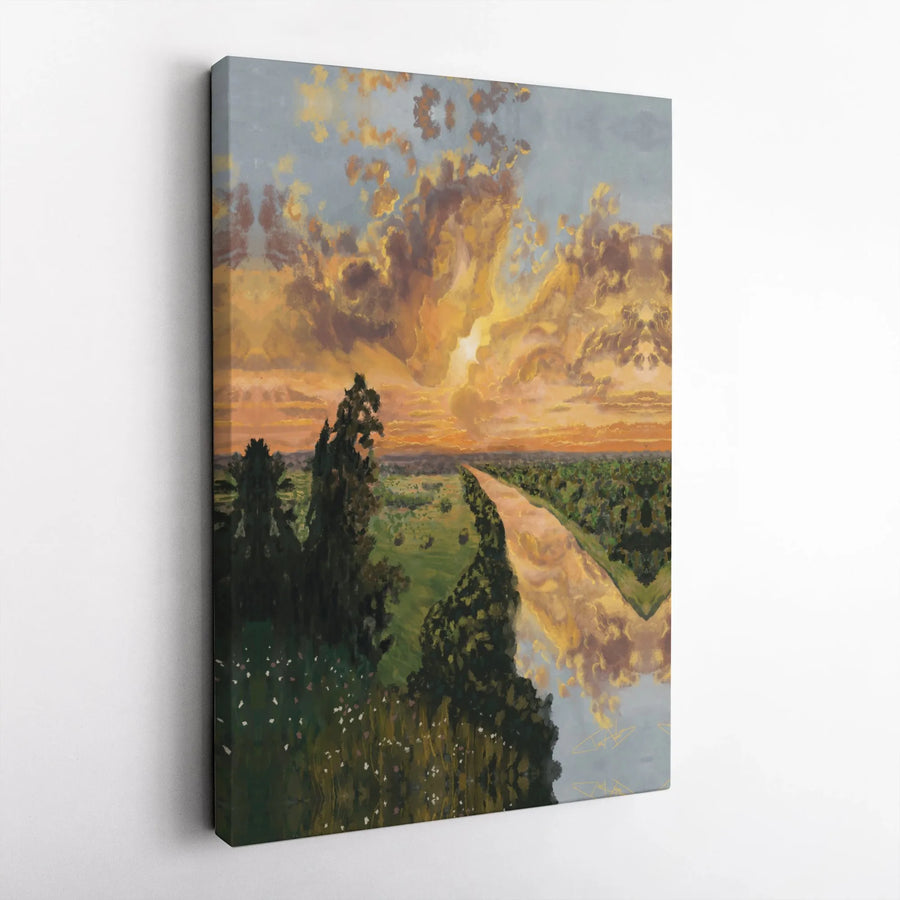 Golden Sunset River Canvas Art | Impressionist Landscape Painting Print | Premium Gallery Wrap Wall Decor | Gift for Nature Lover