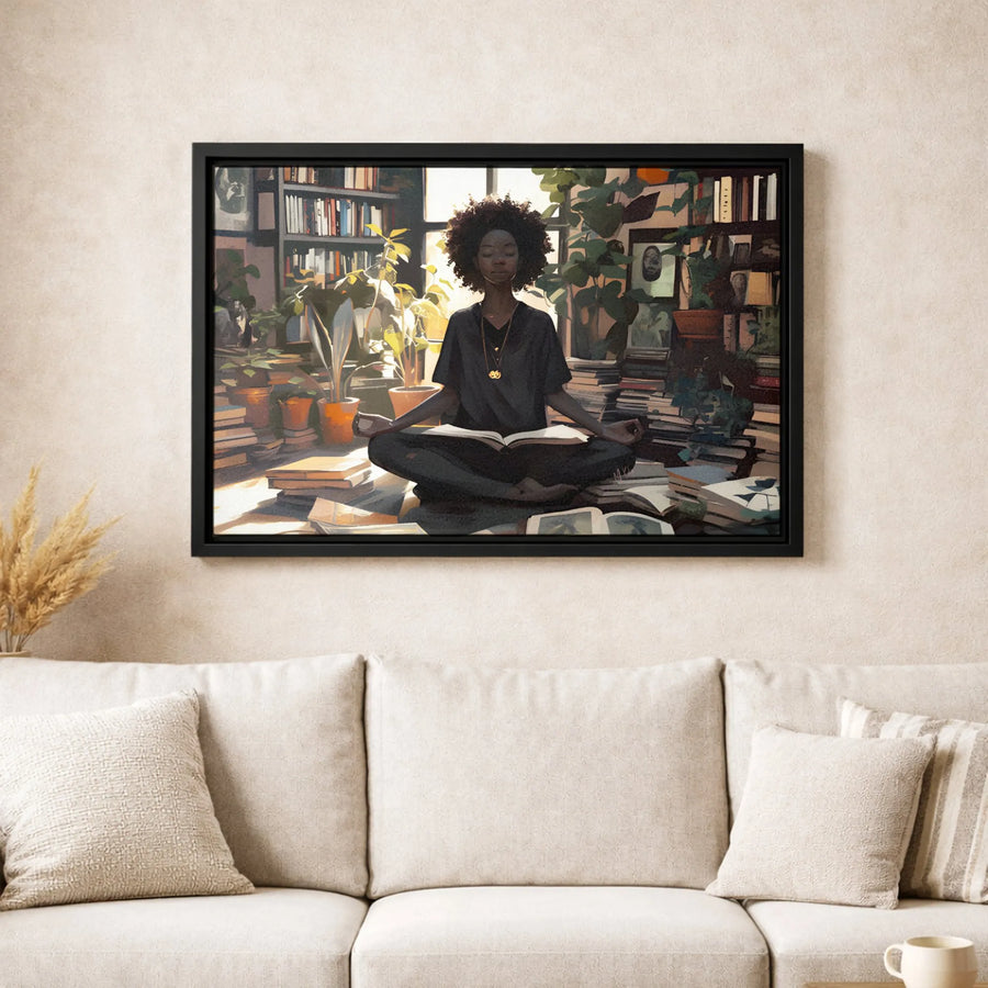 Meditating Black Woman Canvas | Boho Library Botanical Wall Art | Premium Gallery Wrapped Print | Zen Home Office Decor Gift