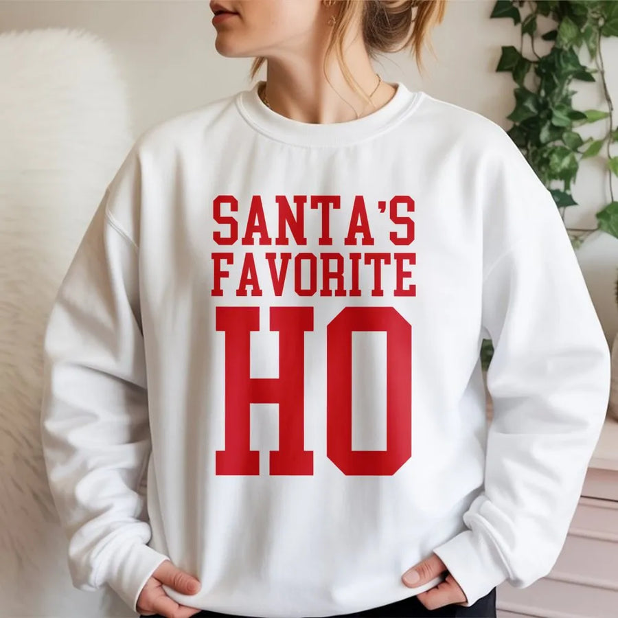 Santas Favorite Ho Sweatshirt | Funny Christmas Party Graphic | Soft Cotton Blend Crewneck | Naughty Holiday Gift for Women