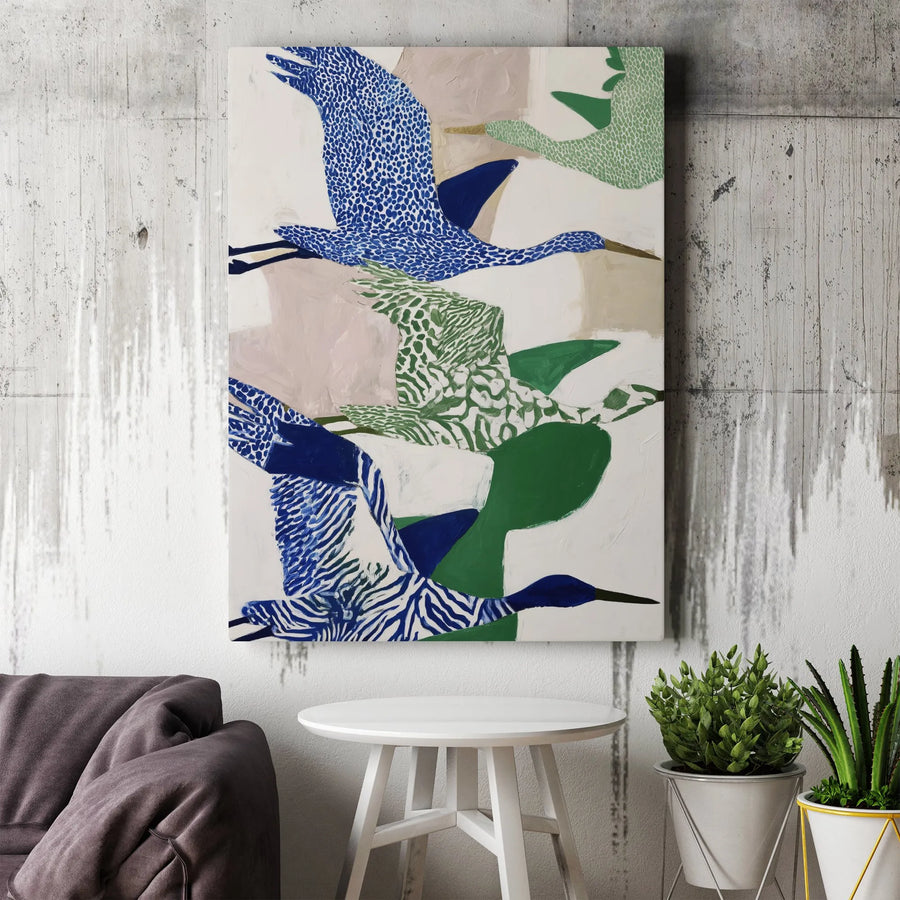 Abstract Flying Birds Vertical Canvas | Modern Blue and Green Crane Flock | Premium Gallery Wrapped Canvas | Minimalist Living Room Decor Gift