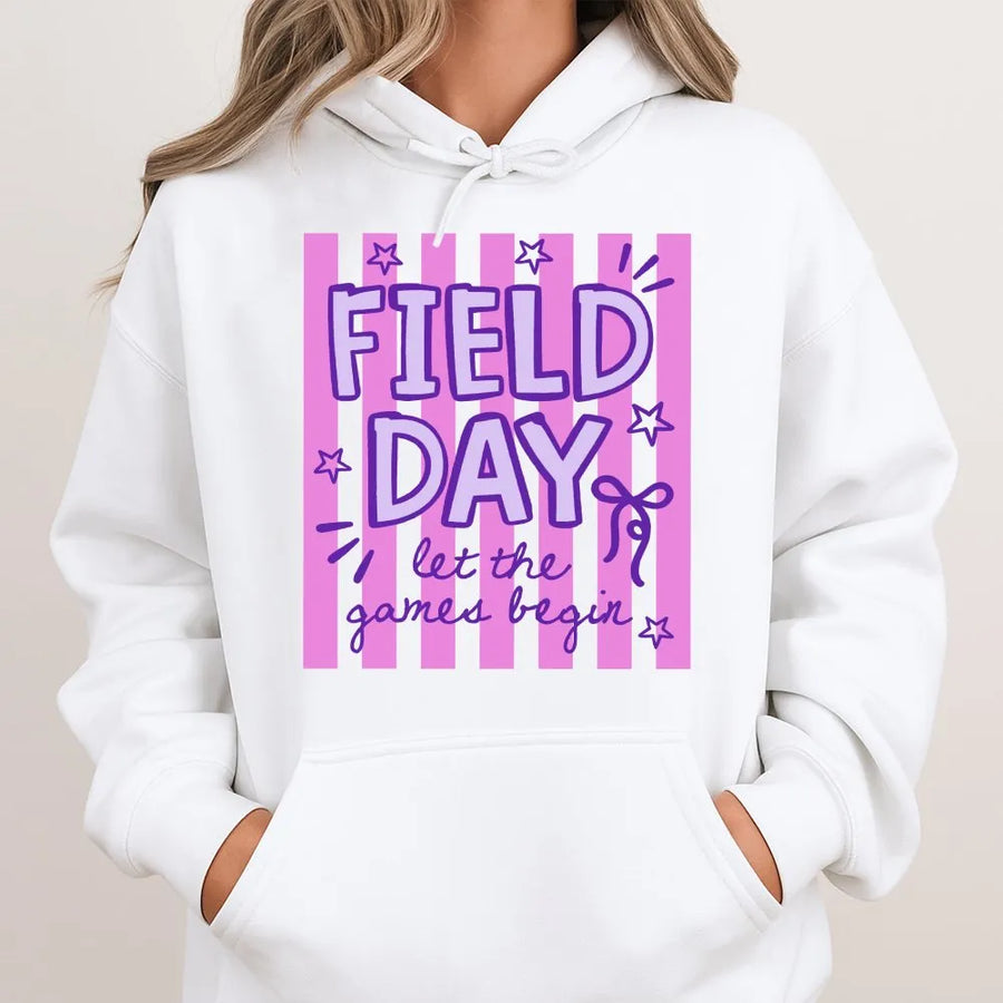 Field Day Hoodie | Let The Games Begin Striped Graphic | Soft Cotton Blend Pullover | Matching Teacher Student Gift