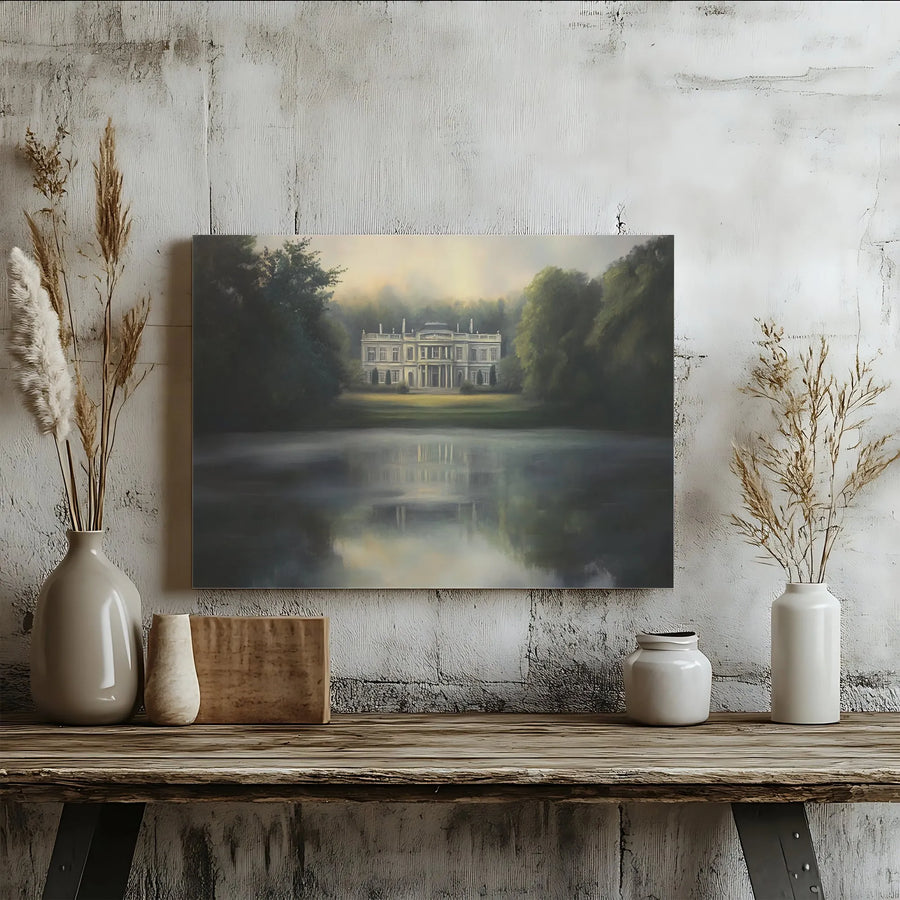 Stately Manor Landscape Canvas Art | Mist Covered Lake Estate Reflection | Premium Gallery Wrapped Wall Decor | Elegant Home Office Gift