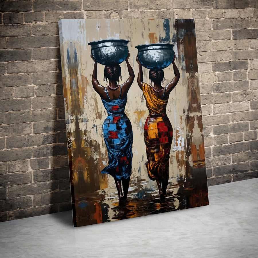 African Women Canvas Wall Art | Abstract Painting Print of Pot Carriers | Premium Thick Gallery Canvas | Modern Afrocentric Home Decor Gift