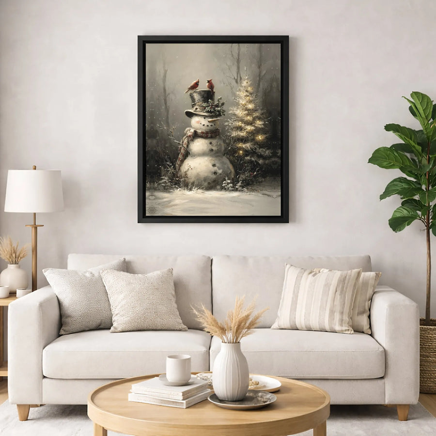 Snowman With Cardinals Wall Art | Rustic Winter Christmas Tree Canvas | Premium Gallery Wrap Print | Festive Holiday Home Decor Gift