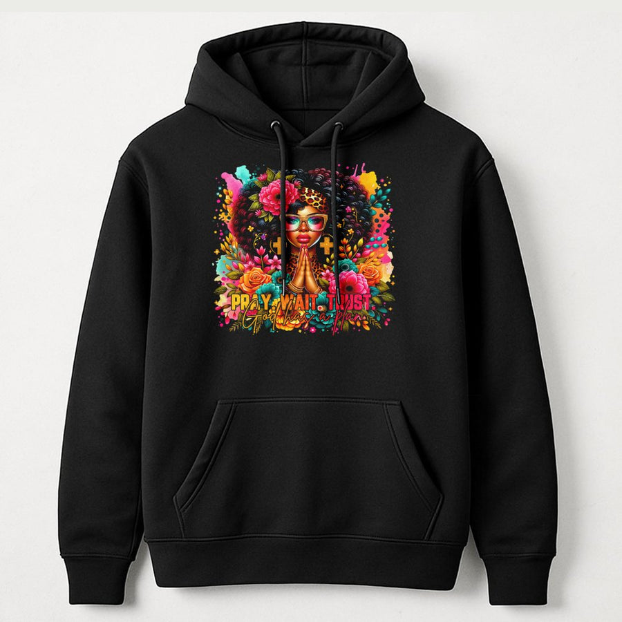 Pray Wait Trust Christian Hoodie | Colorful Floral Black Girl Graphic | Cotton Blend Premium Sweatshirt | Faith Based Gift For Women