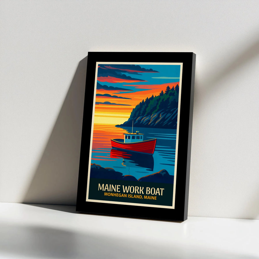 Maine Coast Canvas Wall Art | Monhegan Island Work Boat Illustration | Premium Gallery Wrap Print | Coastal Home Decor Nautical Gift
