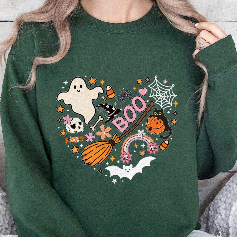 Halloween Heart Sweatshirt | Cute Ghost Pumpkin Witch Graphic | Soft Cotton Blend Crewneck | Spooky Season Gift For Women And Teens