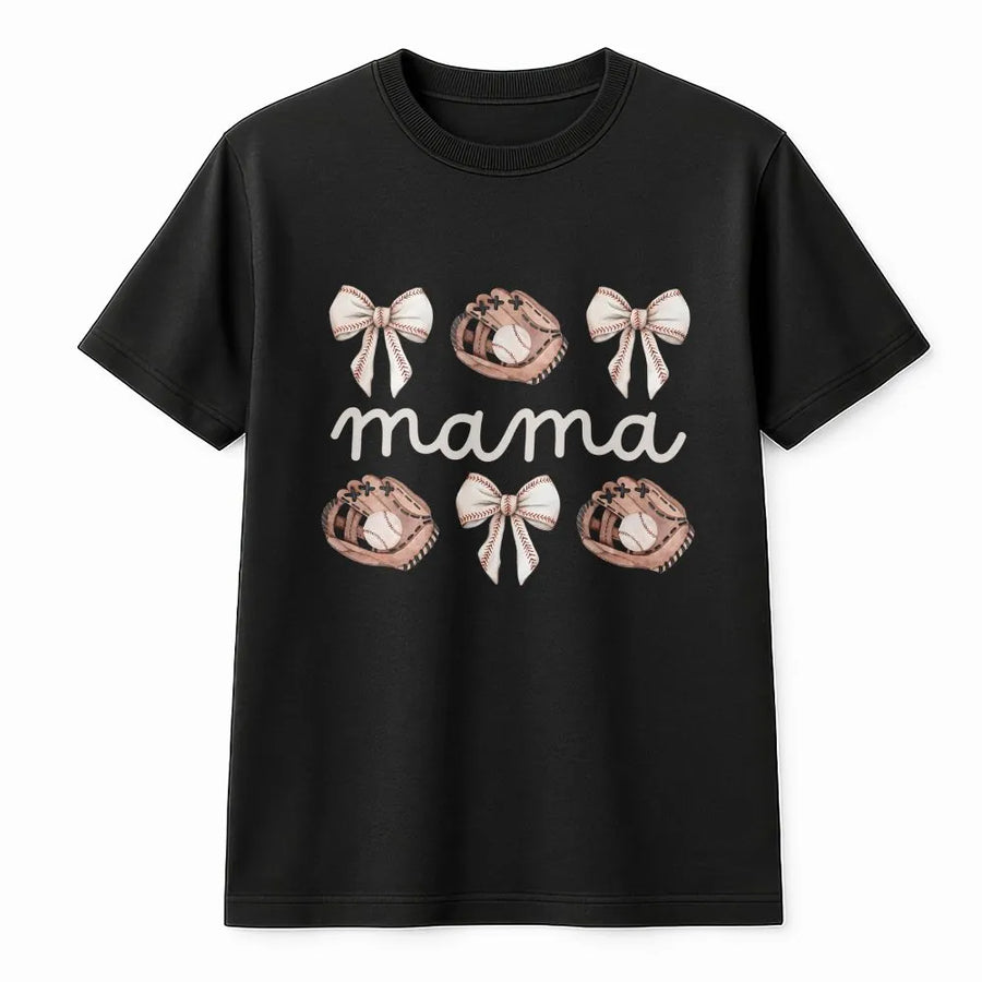 Baseball Mama T-Shirt | Coquette Bows & Gloves Game Day Graphic | Soft Cotton Blend Crewneck | Gift for Sports Mom