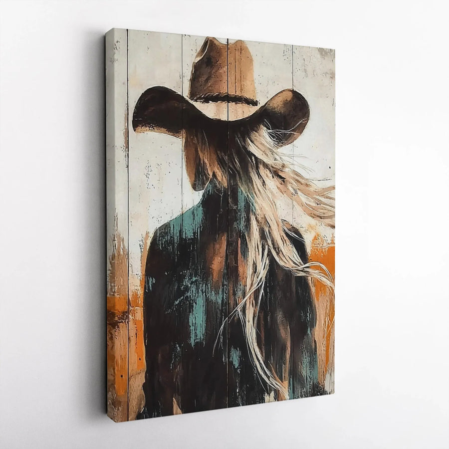 Rustic Cowgirl Canvas Wall Art | Western Painting with Wood Plank Effect | Premium 1.25" Thick Gallery Wrap | Farmhouse Home Decor Gift for Her
