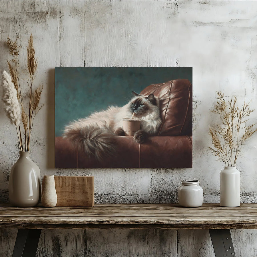 Fluffy Cat Drinking Coffee Canvas Wall Art | Whimsical Pet Portrait on Leather Couch | Premium 1.25" Gallery Wrap | Unique Home Decor Gift for Cat Lovers